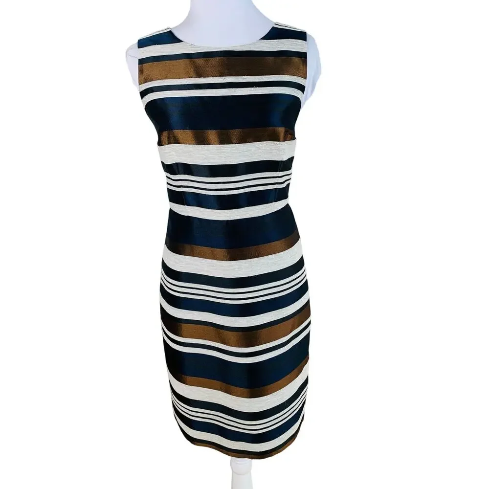Ann Taylor Size 10 Sheath Dress Textured Striped Sleeveless Navy Blue Brown_2